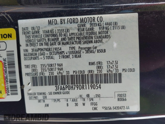 2013 Ford Fusion SE with VIN 3FA6P0H79DR119054, listed as a IAAI auction lot 42498088 with 155,310 mi miles and . Bid and sale history available at DreamBid. Image 9.