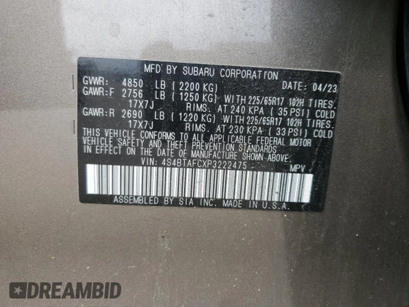 2023 Subaru Outback Premium z VIN 4S4BTAFCXP3222475, wystawiony jako Copart lot #53254135 z przebiegiem 29 447 mil mil oraz Szkoda całkowita • Salvage title. Historia ofert i sprzedaży dostępna na DreamBid. Obrazek 12.