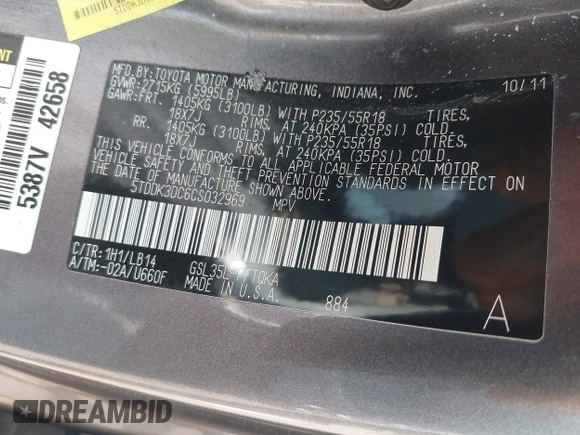 2012 Toyota Sienna XLE with VIN 5TDDK3DC6CS032969, listed as a IAAI auction lot 42423883 with 122,676 mi miles and . Bid and sale history available at DreamBid. Image 9.