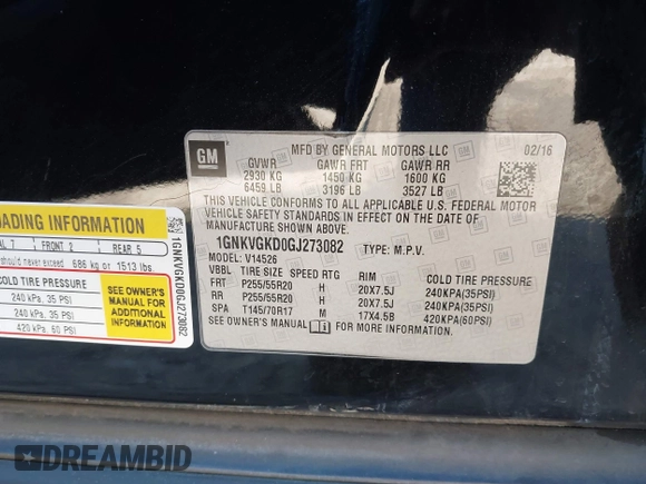 2016 Chevrolet Traverse LT with VIN 1GNKVGKD0GJ273082, listed as a IAAI auction lot 41688974 with 125,577 mi miles and . Bid and sale history available at DreamBid. Image 9.