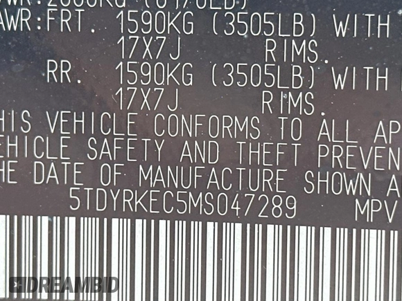 2021 Toyota Sienna XLE with VIN 5TDYRKEC5MS047289, listed as a Copart auction lot 50763995 with 231,314 mi miles and Clean Title. Bid and sale history available at DreamBid. Image 10.