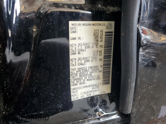 2023 Nissan Frontier SV with VIN 1N6ED1EJXPN606627, listed as a Copart auction lot 51994595 with 39,021 mi miles and Salvage title. Bid and sale history available at DreamBid. Image 14.