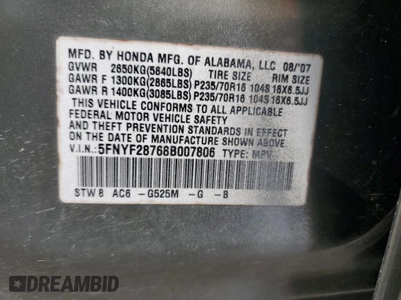 2008 Honda Pilot EX-L with VIN 5FNYF28768B007806, listed as a Copart auction lot 50718335 with 198,316 mi miles and Salvage Title. Bid and sale history available at DreamBid. Image 13.
