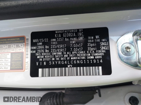 2022 Kia Sorento LX with VIN 5XYRG4LC6NG111914, listed as a IAAI auction lot 41402951 with 46,157 mi miles. Bid and sale history available at carsss.com. Image 9.