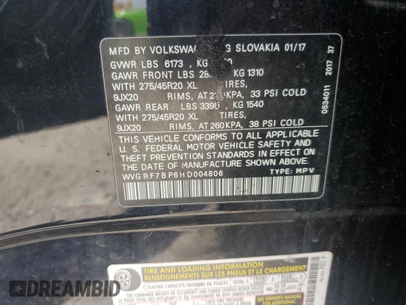 2017 Volkswagen Touareg Wolfsburg Edition with VIN WVGRF7BP6HD004806, listed as a Copart auction lot 61754565 with 160,012 mi miles and Clean title. Bid and sale history available at DreamBid. Image 12.