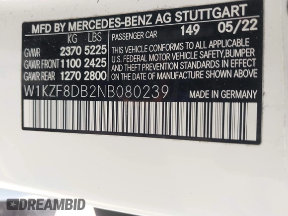 2022 Mercedes-Benz E-Class E 350 with VIN W1KZF8DB2NB080239, listed as a IAAI auction lot 41637690 with 21,587 mi miles. Bid and sale history available at carsss.com. Image 9.