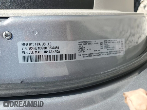 2021 Chrysler Voyager LXi z VIN 2C4RC1DG0MR537880, wystawiony jako Copart lot #52865575 z przebiegiem 82 492 mil mil oraz Nie do naprawy • Non repairable. Historia ofert i sprzedaży dostępna na DreamBid. Obrazek 13.