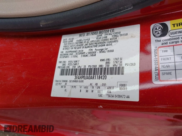 2010 Ford Fusion SEL with VIN 3FAHP0JA0AR118420, listed as a IAAI auction lot 41923325 with 184,891 mi miles. Bid and sale history available at carsss.com. Image 9.