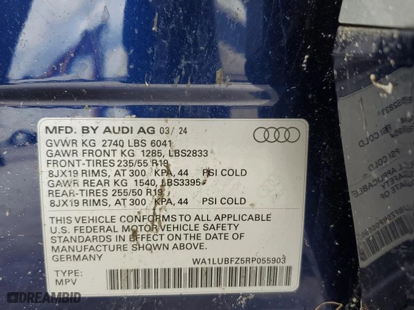 2024 Audi Q4 e-tron Premium Plus with VIN WA1LUBFZ5RP055903, listed as a Copart auction lot 86577254 with 0 mi miles and Non Repairable. Bid and sale history available at carsss.com. Image 14.