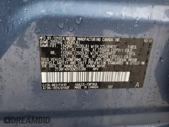 2012 Toyota RAV4 with VIN 2T3BF4DV3CW255388, listed as a Copart auction lot 57802435 with 161,037 mi miles and Clean title. Bid and sale history available at DreamBid. Image 13.