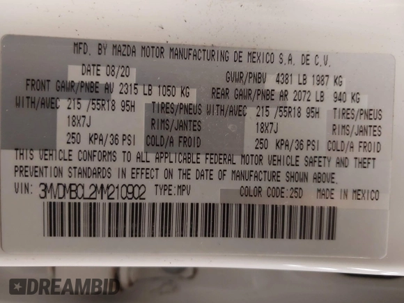 2021 Mazda CX-30 Preferred z VIN 3MVDMBCL2MM210902, wystawiony jako IAAI lot #42522203 z przebiegiem 42 995 mil mil oraz . Historia ofert i sprzedaży dostępna na DreamBid. Obrazek 9.
