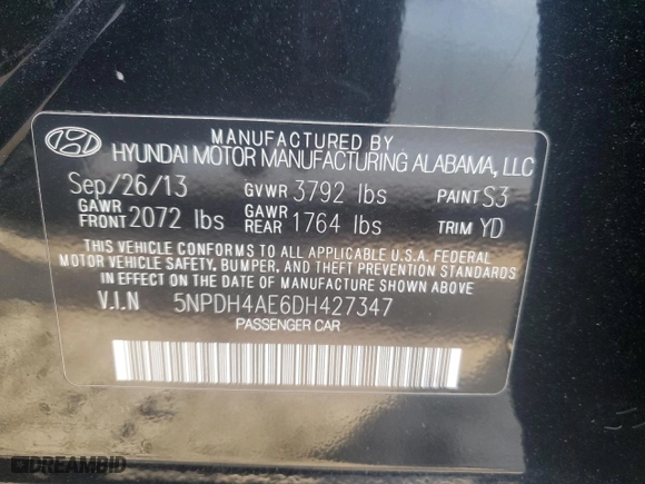 2013 Hyundai Elantra GLS PZEV with VIN 5NPDH4AE6DH427347, listed as a Copart auction lot 51634575 with 86,034 mi miles and Salvage Title. Bid and sale history available at carsss.com. Image 12.