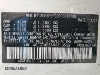 2022 Subaru Impreza Premium with VIN 4S3GTAD66N3710522, listed as a Copart auction lot 59011985 with 42,962 mi miles and Salvage title. Bid and sale history available at DreamBid. Image 12.