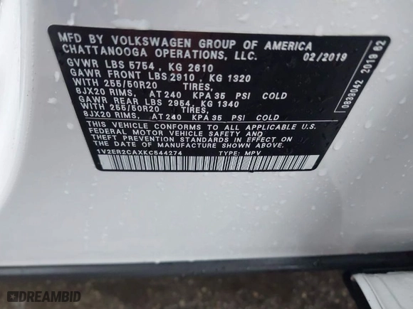 2019 Volkswagen Atlas 3.6L V6 SEL with VIN 1V2ER2CAXKC544274, listed as a IAAI auction lot 41112216 with 88,052 mi miles. Bid and sale history available at carsss.com. Image 9.