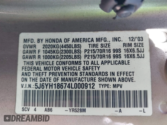 2004 Honda Element EX with VIN 5J6YH18674L000912, listed as a IAAI auction lot 42078059 with 239,700 mi miles and . Bid and sale history available at DreamBid. Image 9.