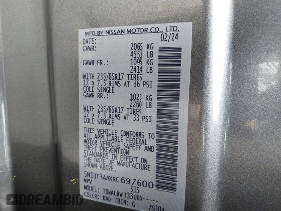 2024 Nissan Rogue S with VIN 5N1BT3AAXRC697600, listed as a IAAI auction lot 42716015 with 28,370 mi miles and . Bid and sale history available at DreamBid. Image 9.