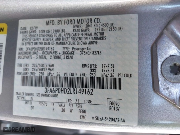 2020 Ford Fusion SE with VIN 3FA6P0HD2LR149162, listed as a IAAI auction lot 41325634 with 123,144 mi miles. Bid and sale history available at carsss.com. Image 9.