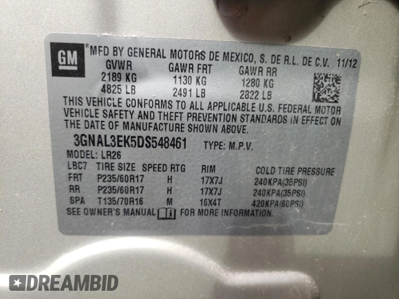 2013 Chevrolet Captiva Sport LT with VIN 3GNAL3EK5DS548461, listed as a Copart auction lot 70186684 with 79,295 mi miles and Salvage Title. Bid and sale history available at DreamBid. Image 13.