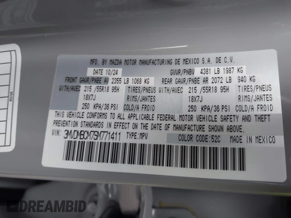 2025 Mazda CX-30 S Preferred with VIN 3MVDMBCM7SM771411, listed as a IAAI auction lot 41290560 with 4 mi miles and . Bid and sale history available at DreamBid. Image 9.