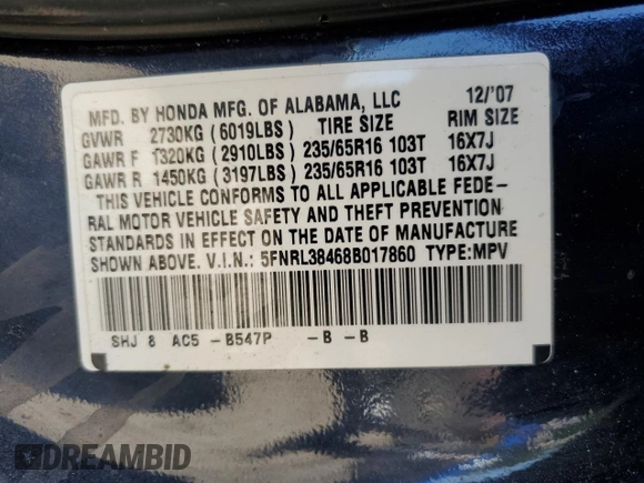 2008 Honda Odyssey EX с VIN 5FNRL38468B017860, выставлен на аукционе Copart как лот 53922395 с пробегом Не указан миль и Списание • Salvage title. История ставок и продаж доступна на DreamBid. Изображение 13.