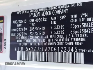 2013 Hyundai Santa Fe Sport z VIN 5XYZU3LA2DG122845, wystawiony jako IAAI lot #39368336 z przebiegiem 101 257 mil mil oraz . Historia ofert i sprzedaży dostępna na DreamBid. Obrazek 9.