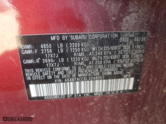 2020 Subaru Outback Premium with VIN 4S4BTACC6L3248957, listed as a Copart auction lot 48505895 with 0 mi miles and Salvage Title. Bid and sale history available at carsss.com. Image 15.
