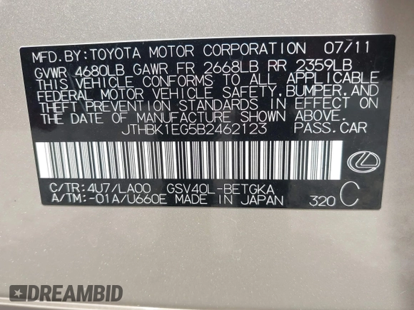 2011 Lexus ES with VIN JTHBK1EG5B2462123, listed as a IAAI auction lot 42031450 with 135,652 mi miles. Bid and sale history available at carsss.com. Image 9.