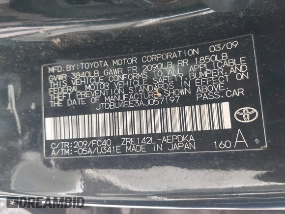 2010 Toyota Corolla with VIN JTDBU4EE3AJ057197, listed as a IAAI auction lot 42501758 with 374,778 mi miles and . Bid and sale history available at DreamBid. Image 9.