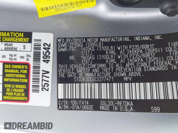 2012 Toyota Sienna with VIN 5TDZK3DC6CS277471, listed as a IAAI auction lot 41326894 with 0 mi miles. Bid and sale history available at carsss.com. Image 9.