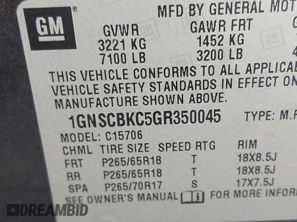 2016 Chevrolet Tahoe LT with VIN 1GNSCBKC5GR350045, listed as a IAAI auction lot 42514419 with 109,097 mi miles and . Bid and sale history available at DreamBid. Image 9.