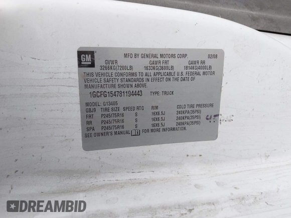 2008 Chevrolet Express Cargo with VIN 1GCFG154781194443, listed as a IAAI auction lot 42496633 with 192,497 mi miles and . Bid and sale history available at DreamBid. Image 9.