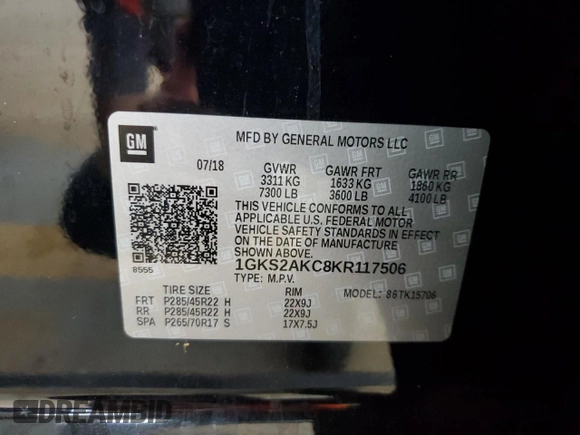 2019 GMC Yukon SLE with VIN 1GKS2AKC8KR117506, listed as a Copart auction lot 71552144 with 0 mi miles and Salvage Title. Bid and sale history available at carsss.com. Image 13.