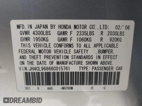 2006 Acura TSX with VIN JH4CL96866C015761, listed as a IAAI auction lot 41664239 with 144,151 mi miles and . Bid and sale history available at DreamBid. Image 9.