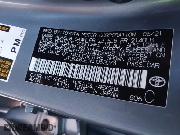 2022 Toyota Corolla SE with VIN JTDS4MCE9NJ082078, listed as a IAAI auction lot 41291406 with 57,202 mi miles and . Bid and sale history available at DreamBid. Image 9.