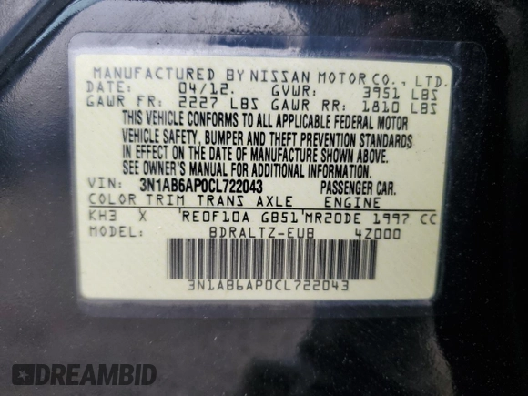 2012 Nissan Sentra S with VIN 3N1AB6AP0CL722043, listed as a Copart auction lot 60908485 with 145,490 mi miles and Salvage title. Bid and sale history available at DreamBid. Image 12.