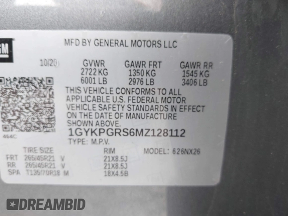 2021 Cadillac XT6 Sport with VIN 1GYKPGRS6MZ128112, listed as a IAAI auction lot 42415342 with 57,680 mi miles and . Bid and sale history available at DreamBid. Image 9.