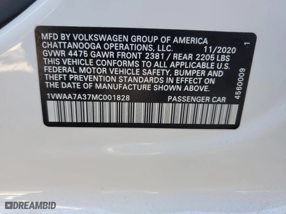 2021 Volkswagen Passat 2.0T S with VIN 1VWAA7A37MC001828, listed as a Copart auction lot 83905264 with 15,270 mi miles and Salvage Title. Bid and sale history available at carsss.com. Image 13.