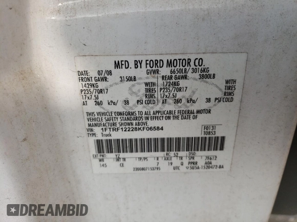 2008 Ford F-150 XL with VIN 1FTRF12228KF06584, listed as a Copart auction lot 51253315 with 128,244 mi miles and Salvage Title. Bid and sale history available at carsss.com. Image 14.