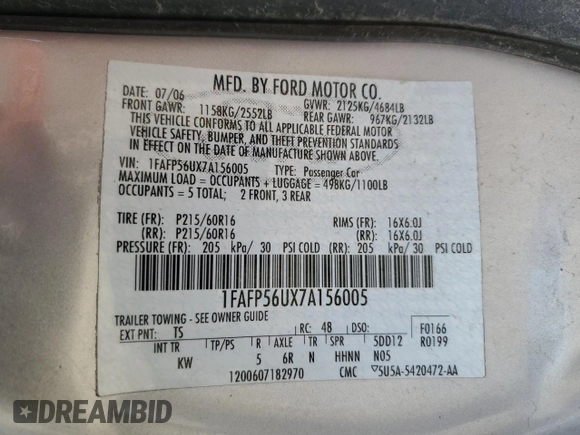 2007 Ford Taurus SEL z VIN 1FAFP56UX7A156005, wystawiony jako Copart lot #54691695 z przebiegiem 152 197 mil mil oraz Szkoda całkowita • Salvage title. Historia ofert i sprzedaży dostępna na DreamBid. Obrazek 12.