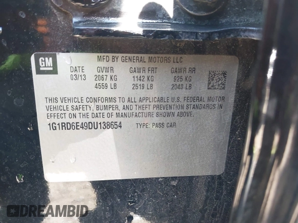 2013 Chevrolet Volt with VIN 1G1RD6E49DU138654, listed as a IAAI auction lot 42022259 with 114,125 mi miles and . Bid and sale history available at carsss.com. Image 9.