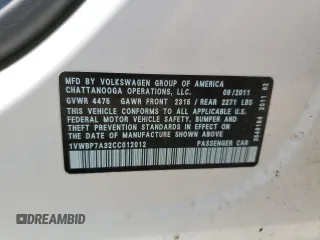 2012 Volkswagen Passat SE with VIN 1VWBP7A32CC012012, listed as a Copart auction lot 58757365 with 83,142 mi miles and Salvage title. Bid and sale history available at DreamBid. Image 12.