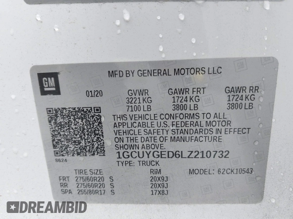 2020 Chevrolet Silverado 1500 LTZ with VIN 1GCUYGED6LZ210732, listed as a IAAI auction lot 41574439 with Not Provided miles and . Bid and sale history available at DreamBid. Image 9.