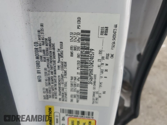 2013 Ford Fusion SE with VIN 3FA6P0HR1DR240579, listed as a Copart auction lot 53899725 with 72,683 mi miles and Salvage Title. Bid and sale history available at DreamBid. Image 12.