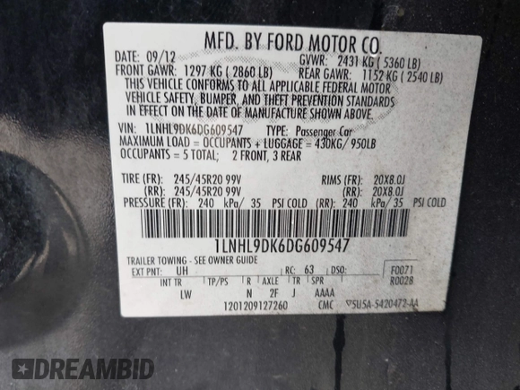 2013 Lincoln MKS with VIN 1LNHL9DK6DG609547, listed as a IAAI auction lot 42212268 with 176,942 mi miles and . Bid and sale history available at DreamBid. Image 9.