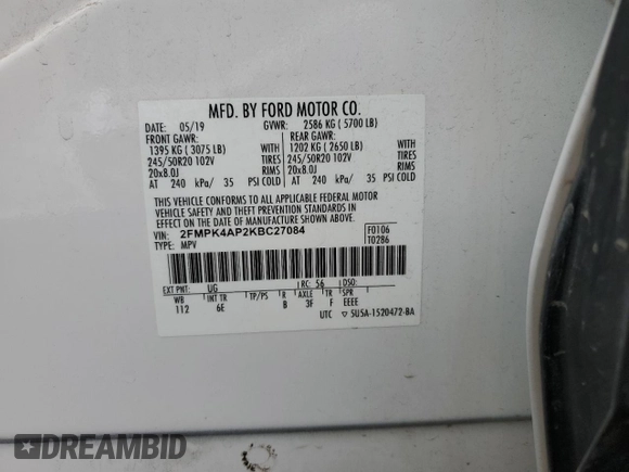 2019 Ford Edge ST z VIN 2FMPK4AP2KBC27084, wystawiony jako Copart lot #58269805 z przebiegiem 67 466 mil mil oraz Szkoda całkowita • Salvage title. Historia ofert i sprzedaży dostępna na DreamBid. Obrazek 13.