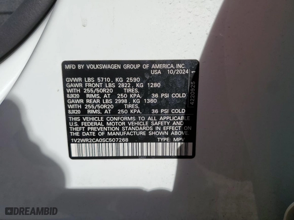 2025 Volkswagen Atlas 2.0T SE w/Technology with VIN 1V2WR2CA0SC507268, listed as a Copart auction lot 42535675 with 5,310 mi miles and Clean Title. Bid and sale history available at carsss.com. Image 13.