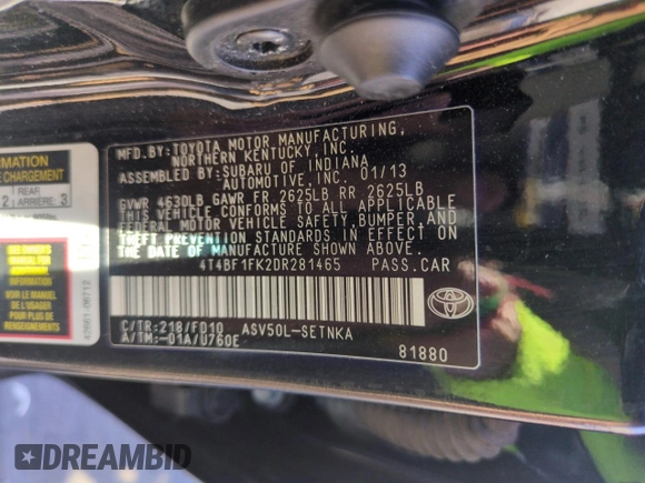 2013 Toyota Camry L with VIN 4T4BF1FK2DR281465, listed as a Copart auction lot 53329775 with 133,187 mi miles and Salvage Title. Bid and sale history available at carsss.com. Image 12.