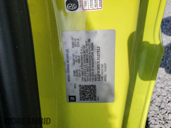 2020 Chevrolet Camaro 1LT with VIN 1G1FB1RS7L0107512, listed as a Copart auction lot 58134225 with Not provided miles and Salvage title. Bid and sale history available at DreamBid. Image 12.