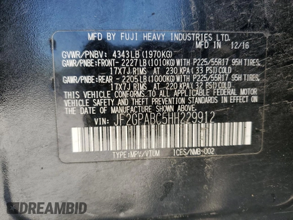 2017 Subaru Crosstrek Premium with VIN JF2GPABC5HH229912, listed as a Copart auction lot 52491405 with 123,052 mi miles and Salvage title. Bid and sale history available at DreamBid. Image 13.