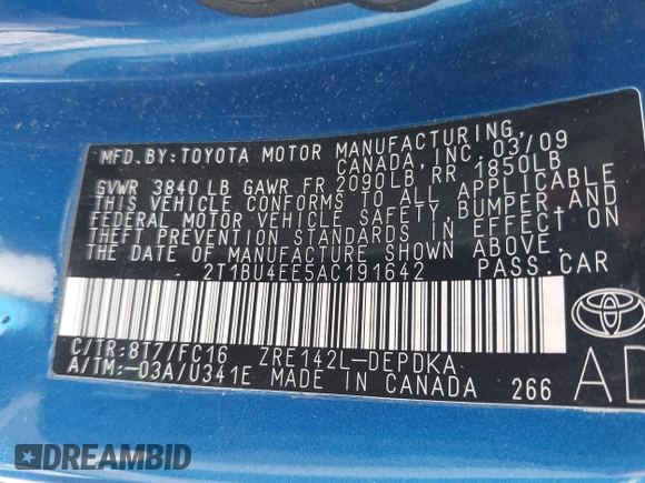 2010 Toyota Corolla with VIN 2T1BU4EE5AC191642, listed as a IAAI auction lot 42410559 with 121,041 mi miles and . Bid and sale history available at DreamBid. Image 9.